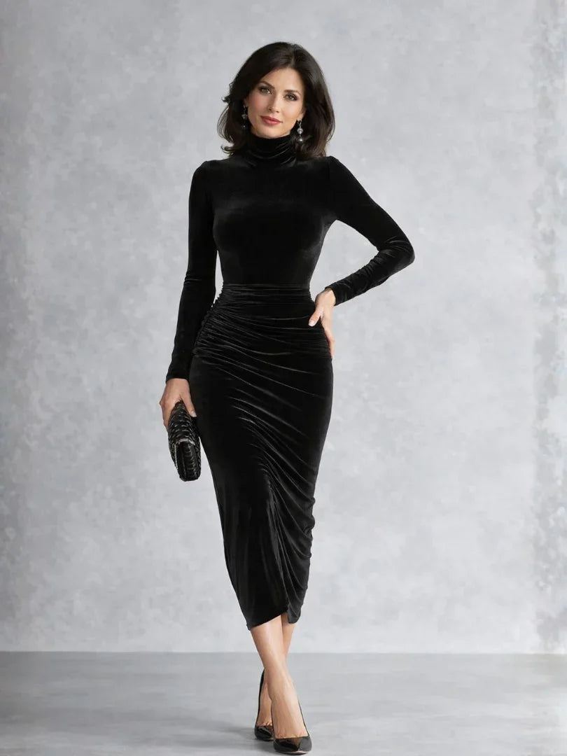 Natalie | Refined Ruched Turtleneck Midi Christmas Dress