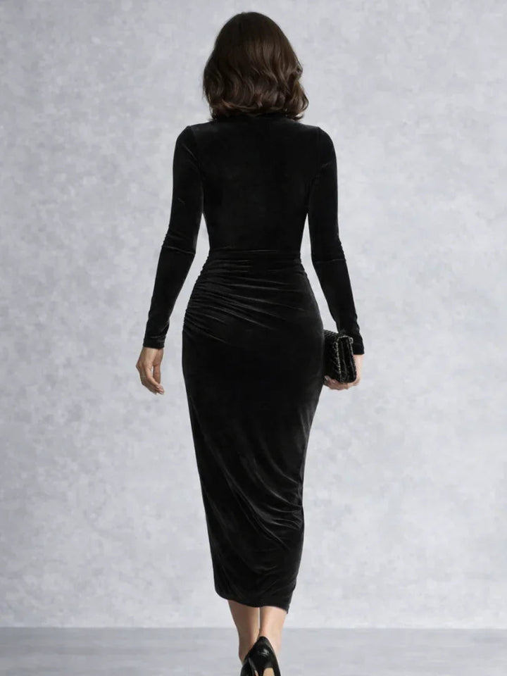 Natalie | Refined Ruched Turtleneck Midi Christmas Dress