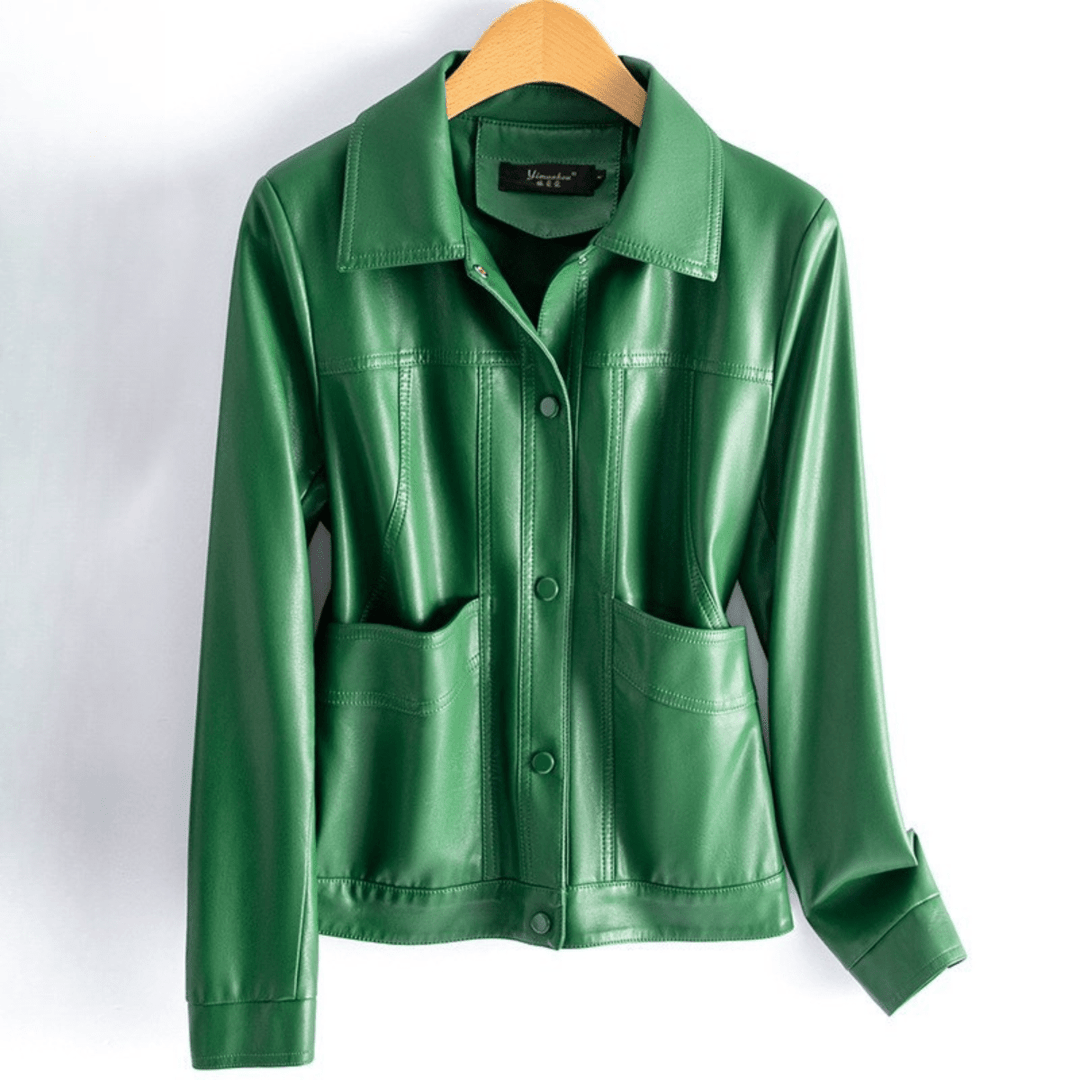 Natalie | Relaxed Collared Snap Front Leather Jacket
