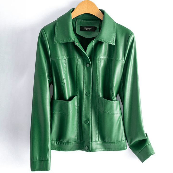 Natalie | Relaxed Collared Snap Front Leather Jacket