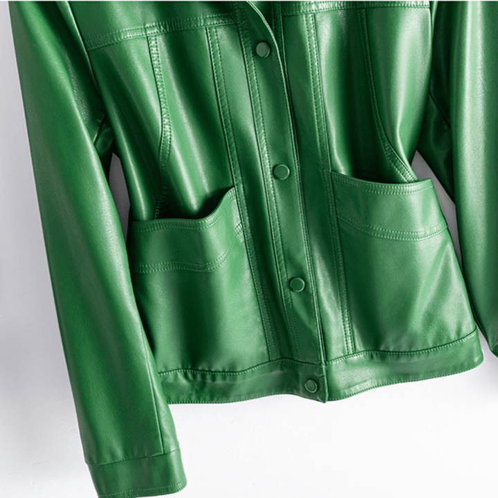 Natalie | Relaxed Collared Snap Front Leather Jacket