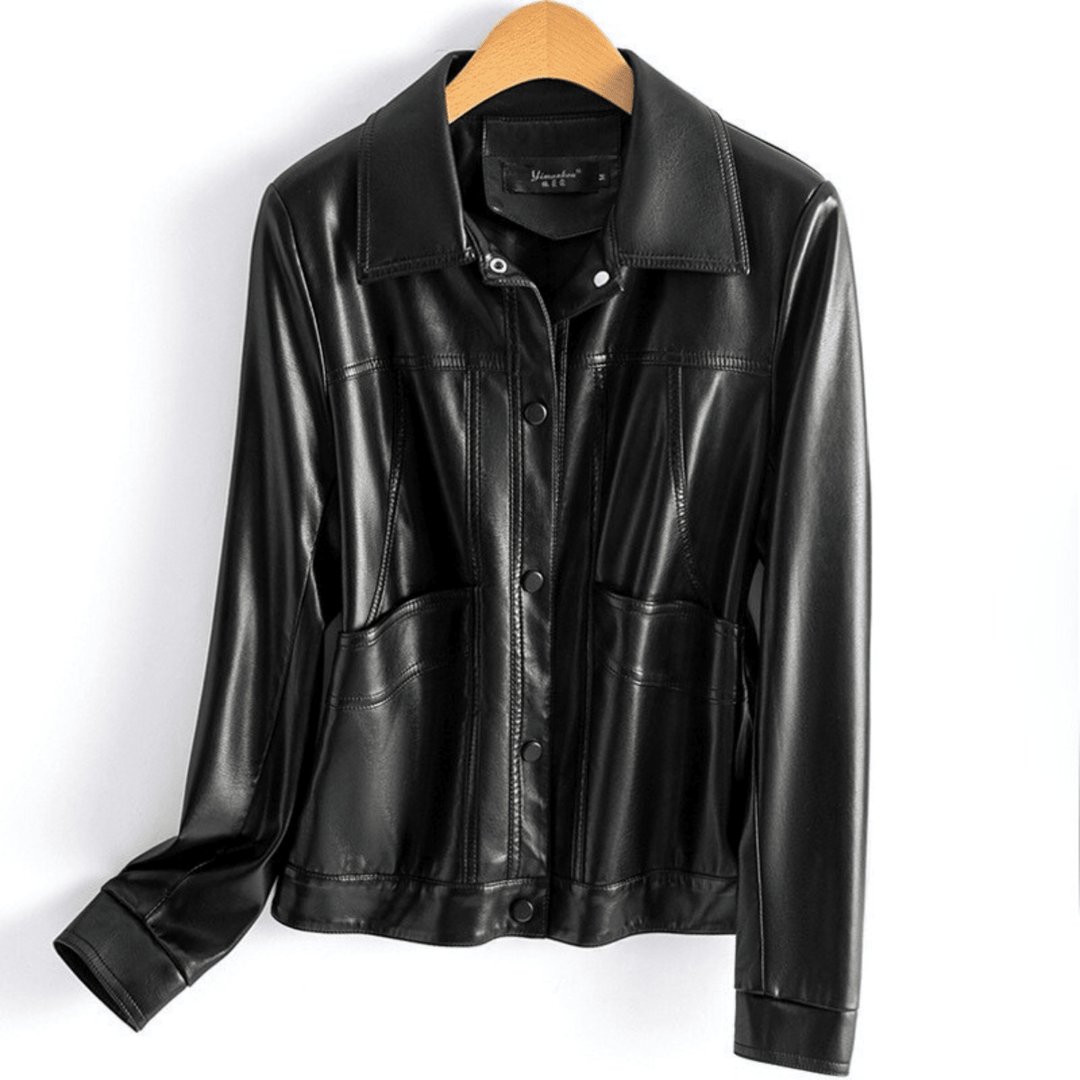 Natalie | Relaxed Collared Snap Front Leather Jacket