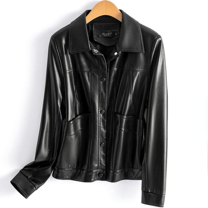 Natalie | Relaxed Collared Snap Front Leather Jacket