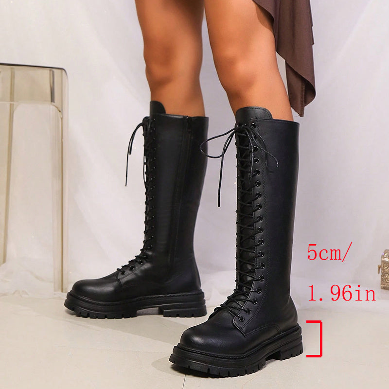 Nicole | Refined Lace-Up Knee High Combat Boots Platform