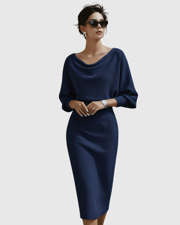 Olivia | Sophisticated Draped Cowl Neck Christmas Midi Dress