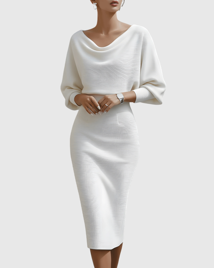 Olivia | Sophisticated Draped Cowl Neck Christmas Midi Dress