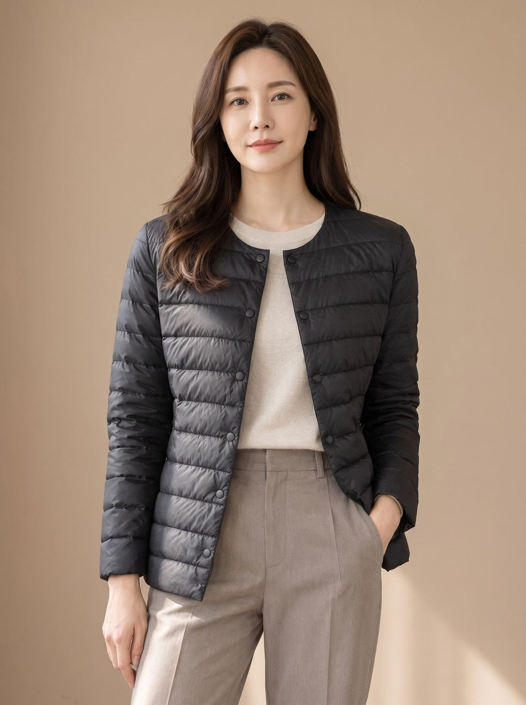 Pamela | Refined Collarless Lightweight Puffer Jacket