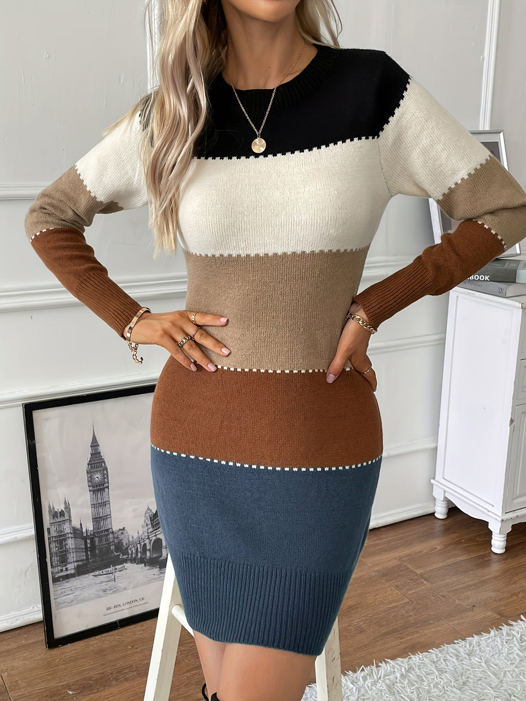 Patricia | Refined Colorblock Sweater Long Sleeve Midi Dress