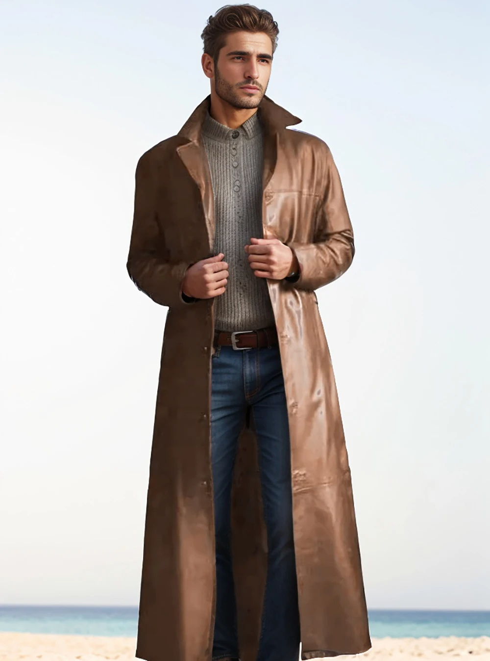 Patrick | Graceful Full-Length Notch Lapel Leather Jacket Trench Coat
