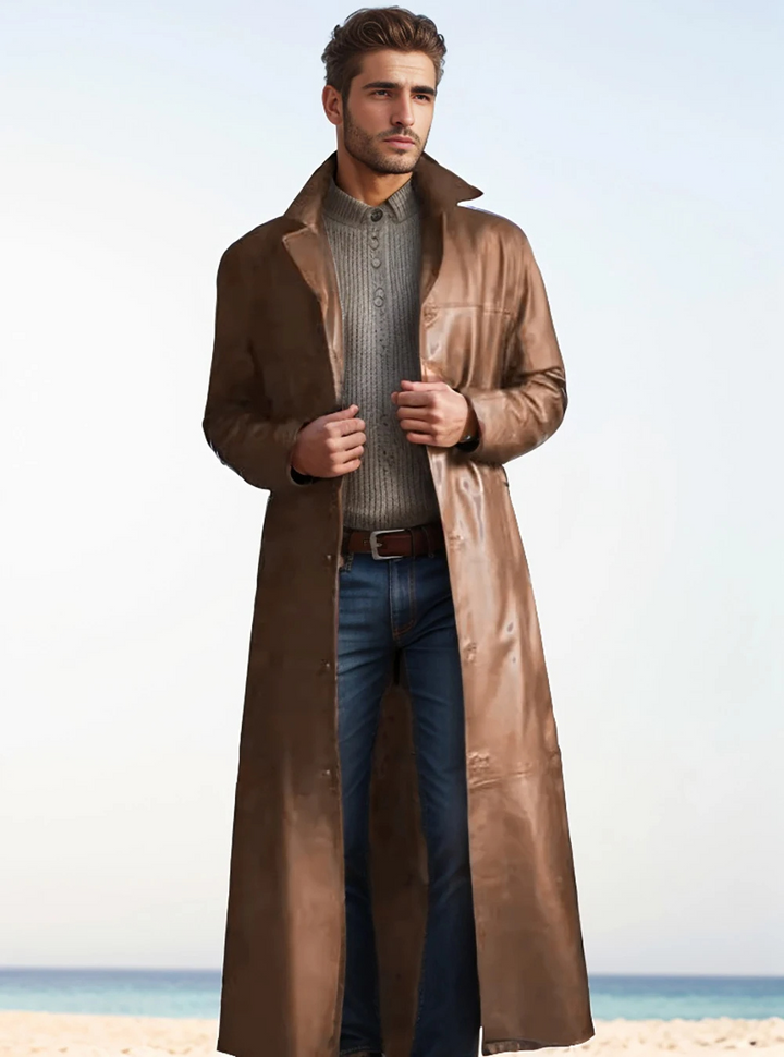 Patrick | Graceful Full-Length Notch Lapel Leather Jacket Trench Coat