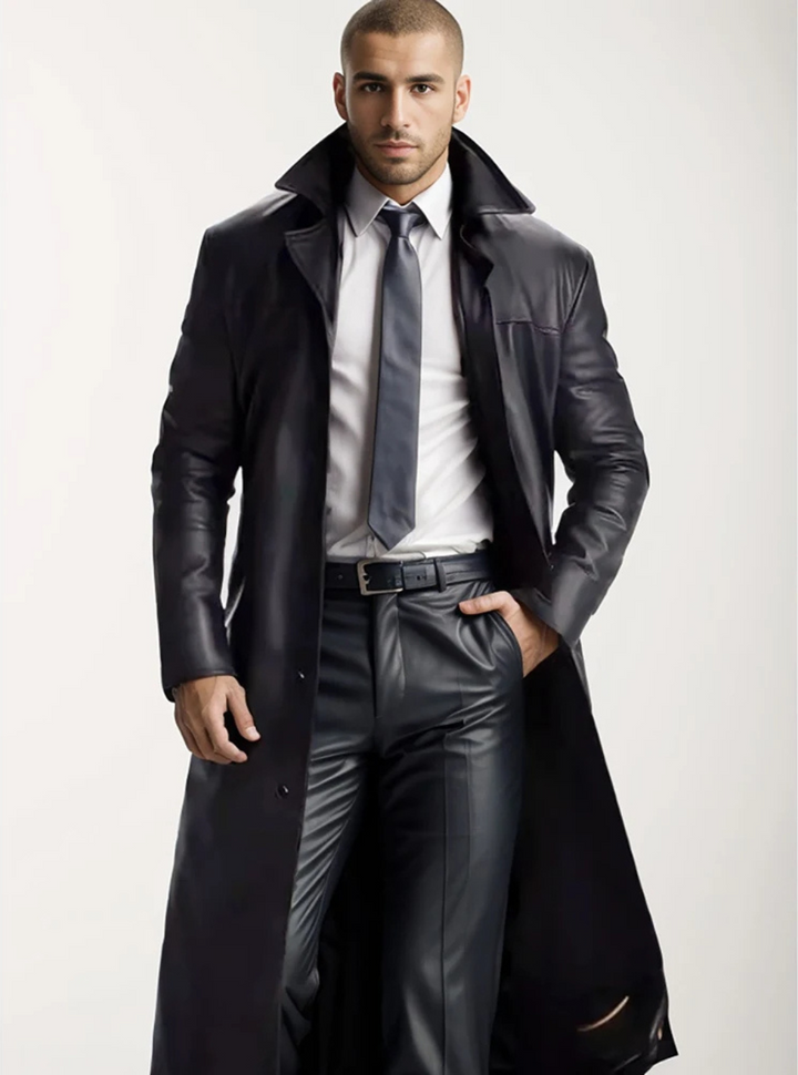 Patrick | Graceful Full-Length Notch Lapel Leather Jacket Trench Coat
