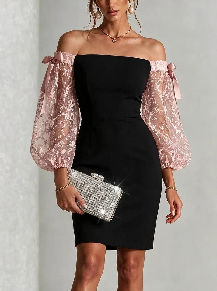 Rachel | Elegant Off Shoulder Lace Balloon Sleeve Holiday Dress