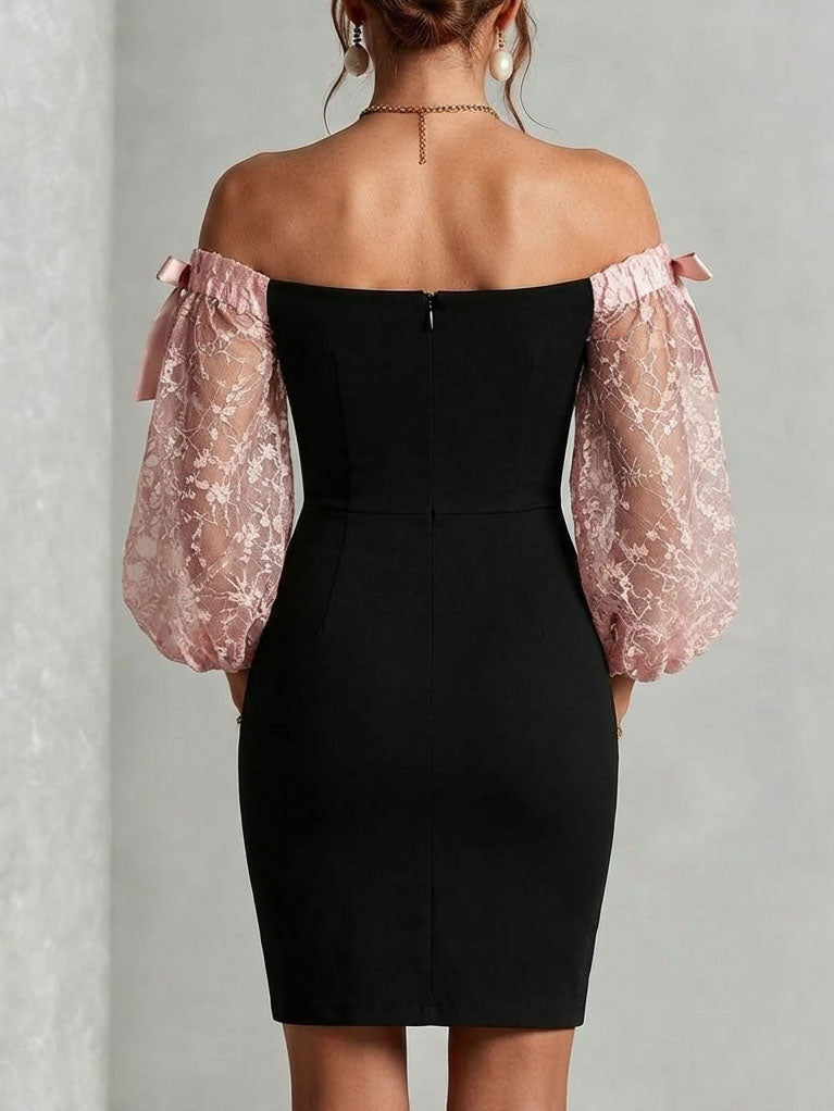 Rachel | Elegant Off Shoulder Lace Balloon Sleeve Holiday Dress