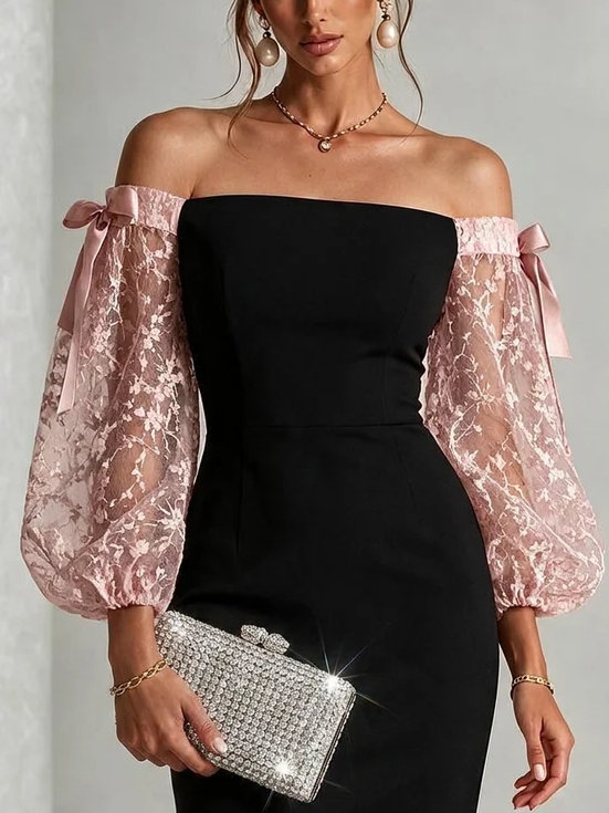 Rachel | Elegant Off Shoulder Lace Balloon Sleeve Holiday Dress