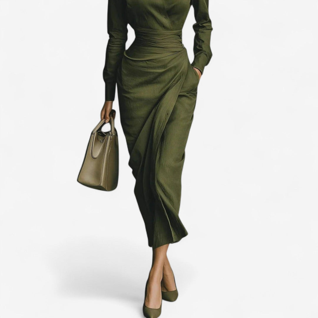 Rachel | Refined Long Sleeve Midi Wrap Christmas Dress