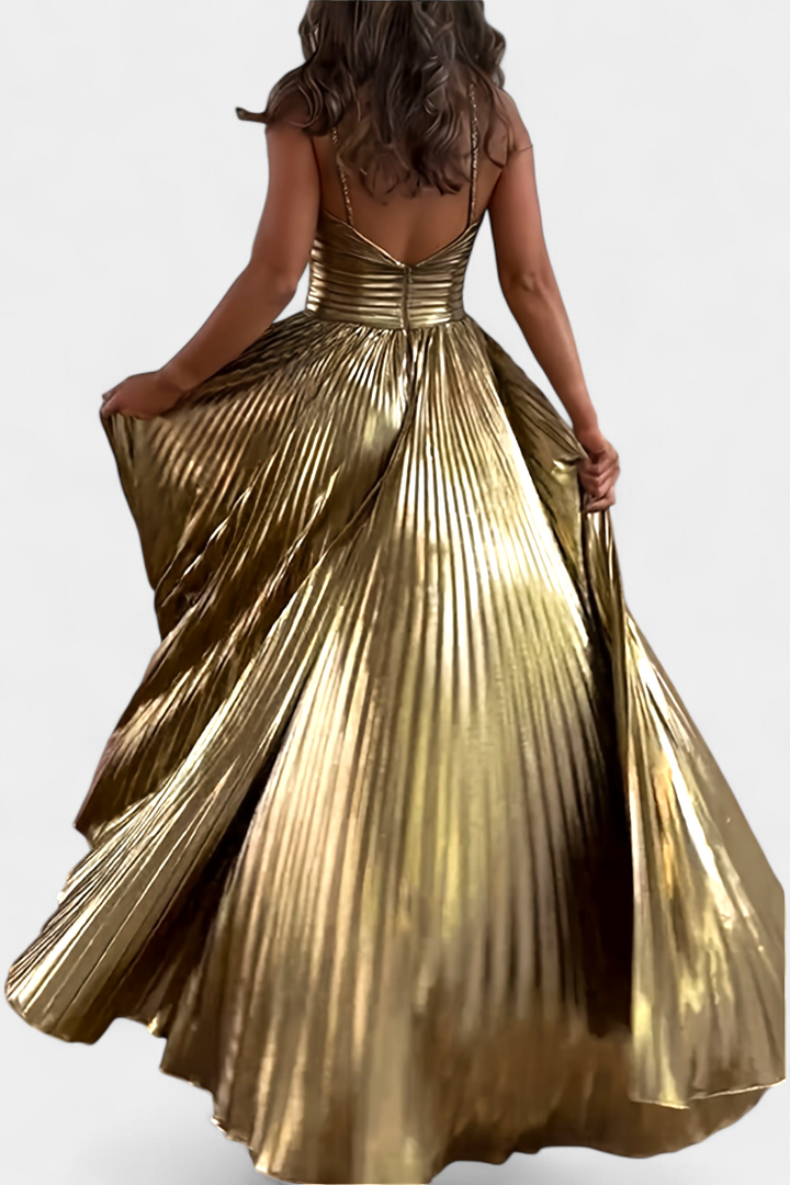 Rebecca | Chic Metallic Pleated Holiday Dress with Slit