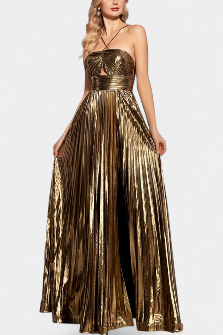 Rebecca | Chic Metallic Pleated Holiday Dress with Slit
