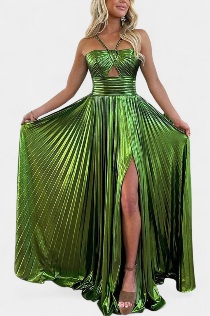Rebecca | Chic Metallic Pleated Holiday Dress with Slit