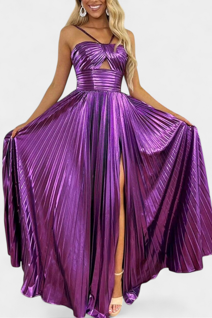 Rebecca | Chic Metallic Pleated Holiday Dress with Slit