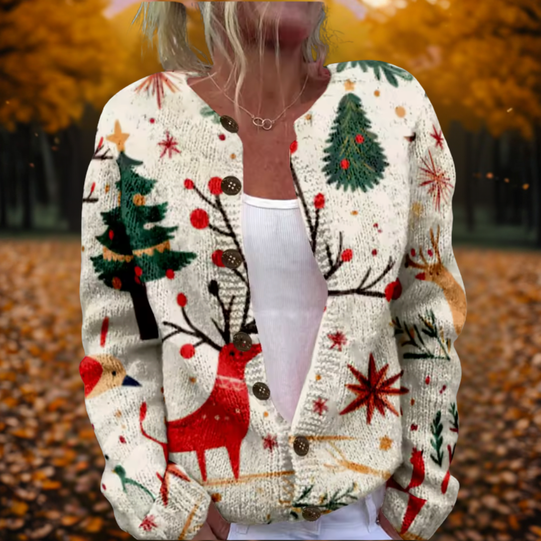 Rebecca | Cozy Reindeer Print Christmas Sweater Cardigan