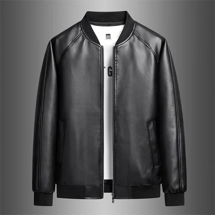 Ryan | Polished Leather Bomber Jacket with Ribbed Trim