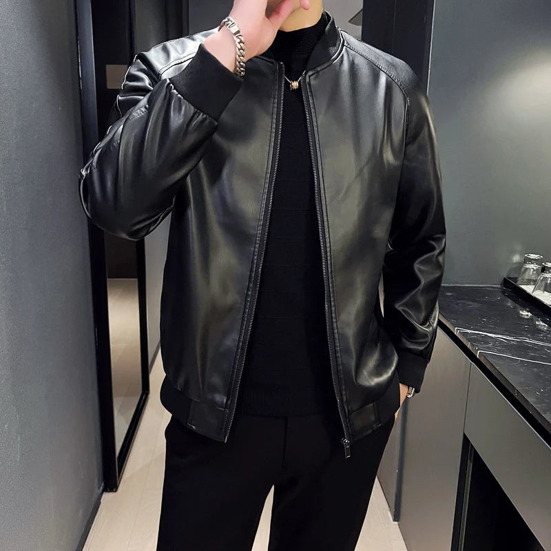 Ryan | Polished Leather Bomber Jacket with Ribbed Trim