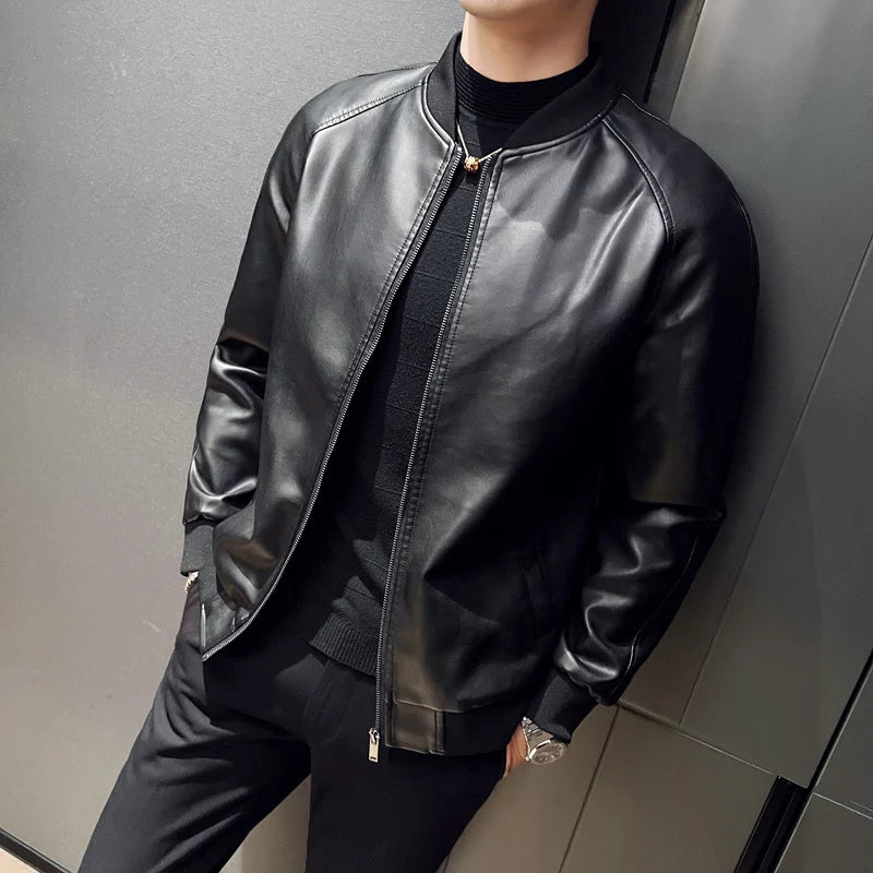 Ryan | Polished Leather Bomber Jacket with Ribbed Trim