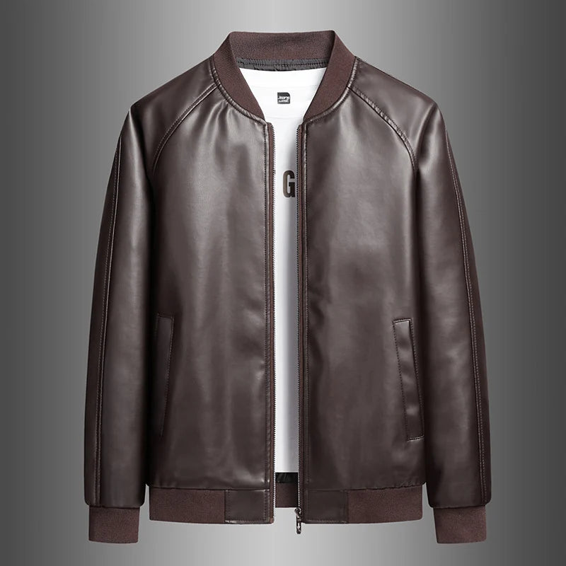 Ryan | Polished Leather Bomber Jacket with Ribbed Trim