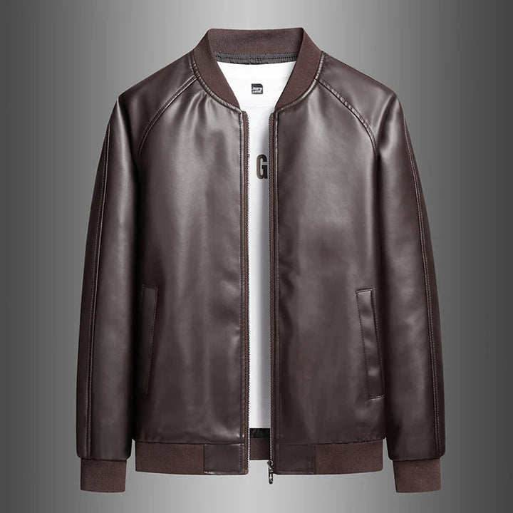 Ryan | Polished Leather Bomber Jacket with Ribbed Trim
