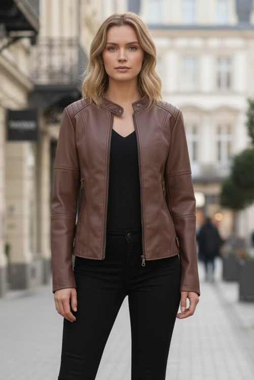 Samantha | Classic Stand Collar Zip Up Leather Jacket