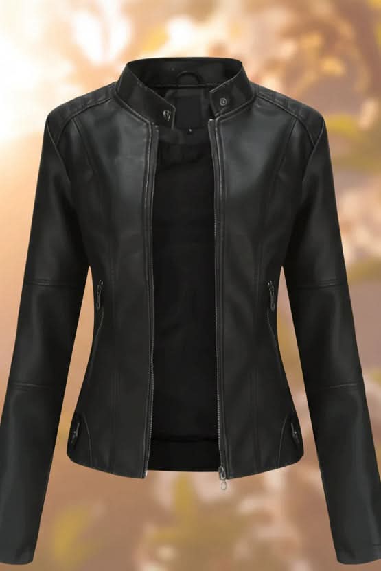 Samantha | Classic Stand Collar Zip Up Leather Jacket