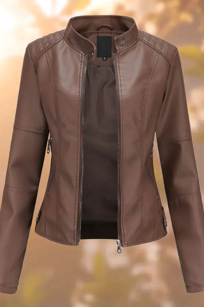Samantha | Classic Stand Collar Zip Up Leather Jacket