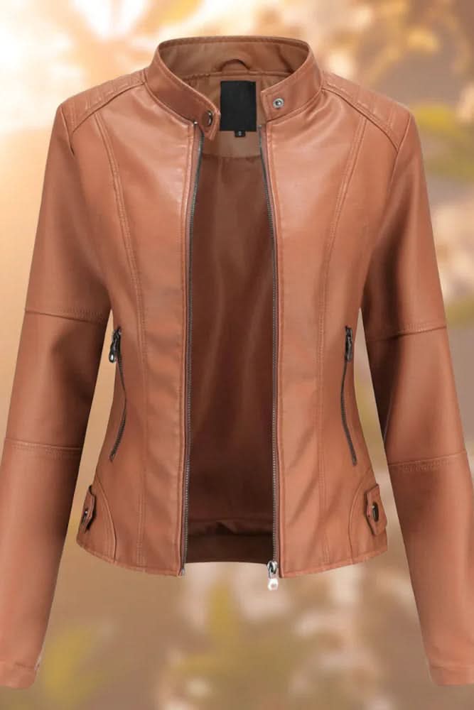 Samantha | Classic Stand Collar Zip Up Leather Jacket