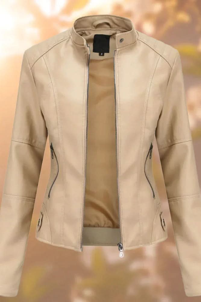 Samantha | Classic Stand Collar Zip Up Leather Jacket