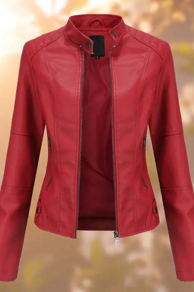 Samantha | Classic Stand Collar Zip Up Leather Jacket