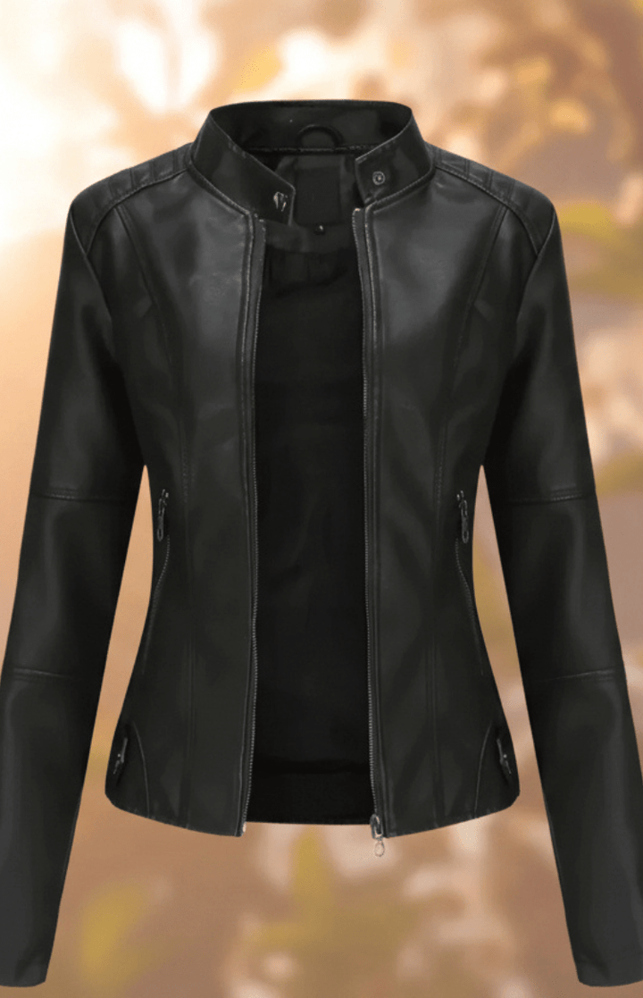 Samantha | Classic Stand Collar Zip Up Leather Jacket