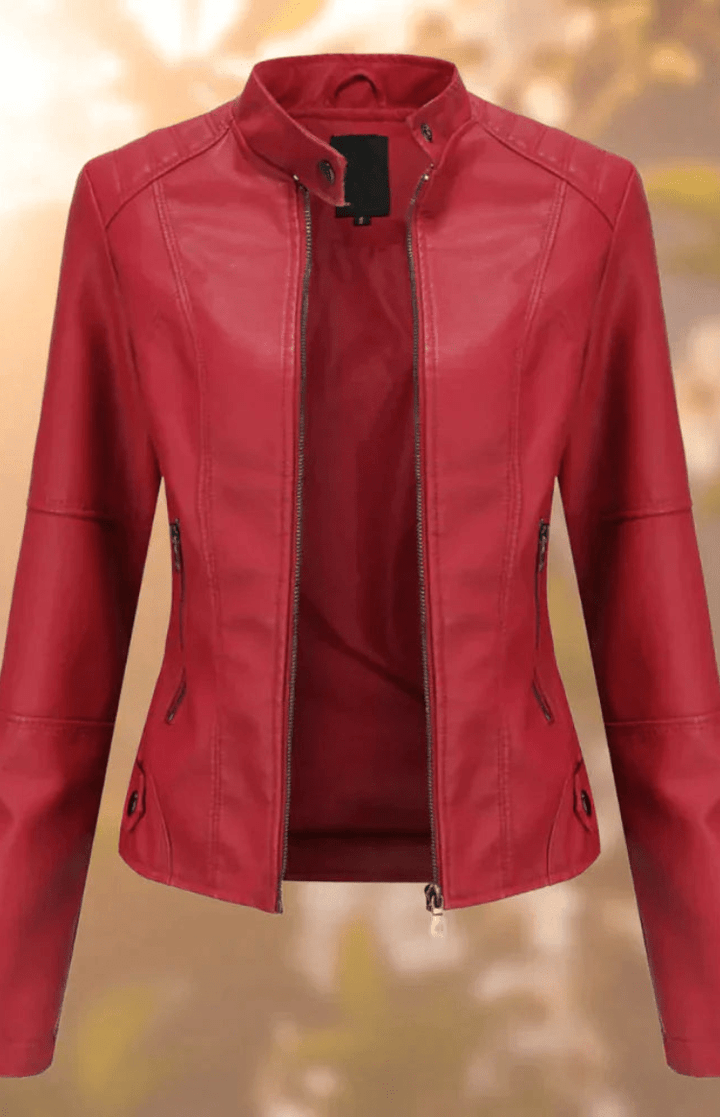 Samantha | Classic Stand Collar Zip Up Leather Jacket