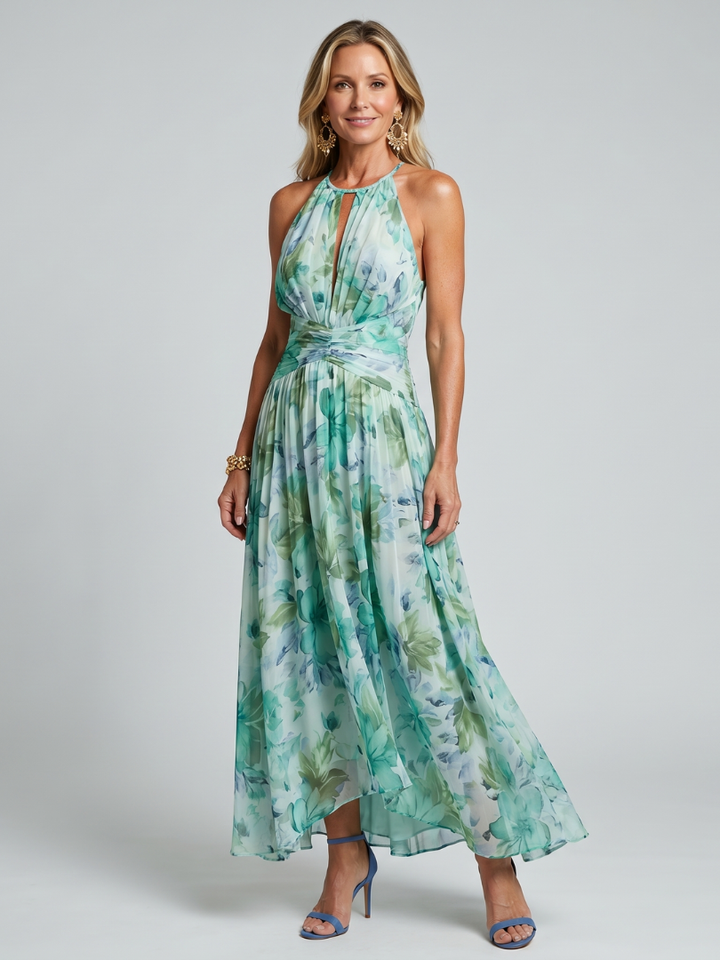 Samantha | Elegant Floral Halter High-Low Holiday Dress