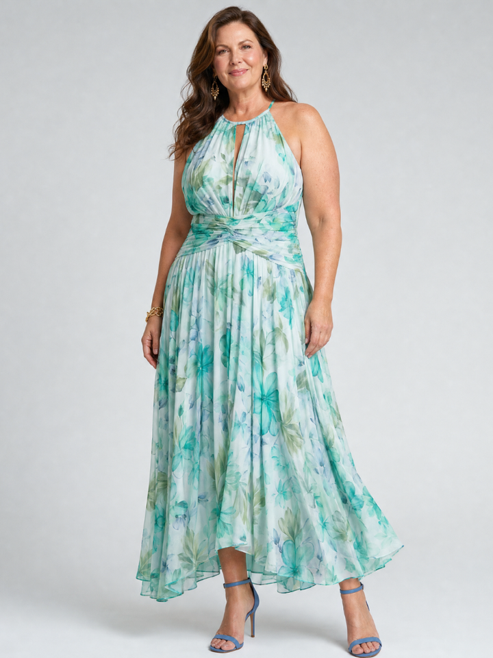 Samantha | Elegant Floral Halter High-Low Holiday Dress