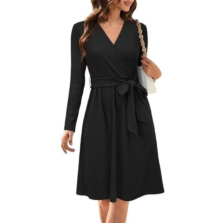 Samantha | Graceful Belted Wrap Ribbed Knit Winter Dress
