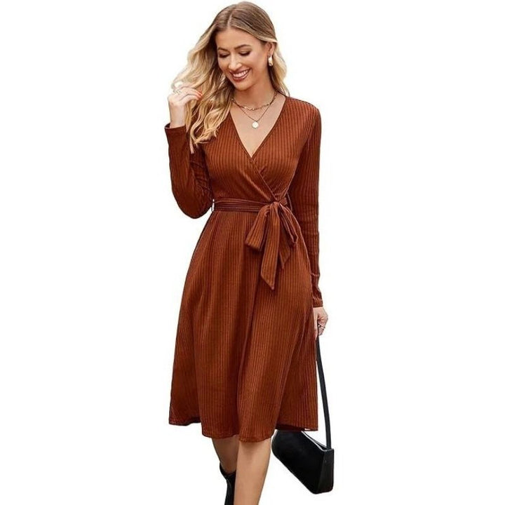 Samantha | Graceful Belted Wrap Ribbed Knit Winter Dress