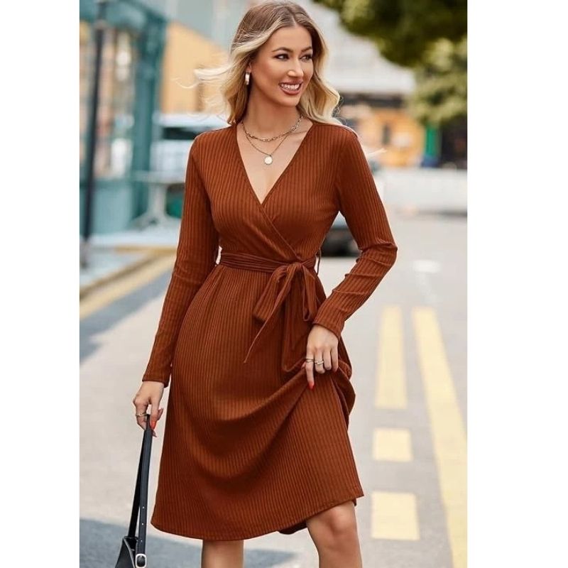 Samantha | Graceful Belted Wrap Ribbed Knit Winter Dress