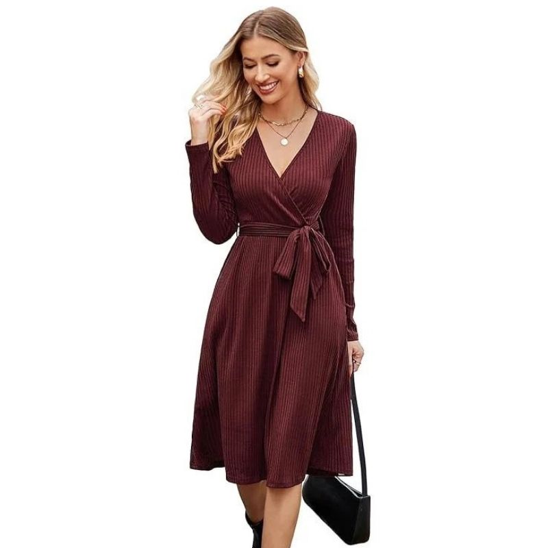 Samantha | Graceful Belted Wrap Ribbed Knit Winter Dress