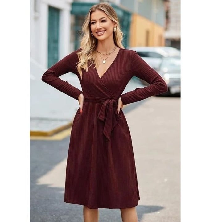 Samantha | Graceful Belted Wrap Ribbed Knit Winter Dress