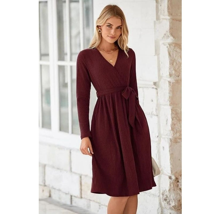 Samantha | Graceful Belted Wrap Ribbed Knit Winter Dress