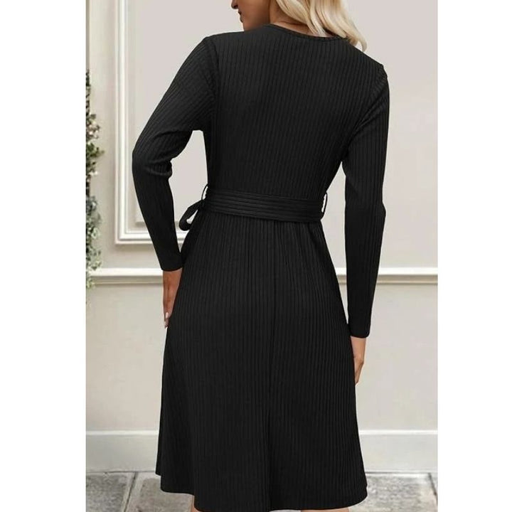 Samantha | Graceful Belted Wrap Ribbed Knit Winter Dress