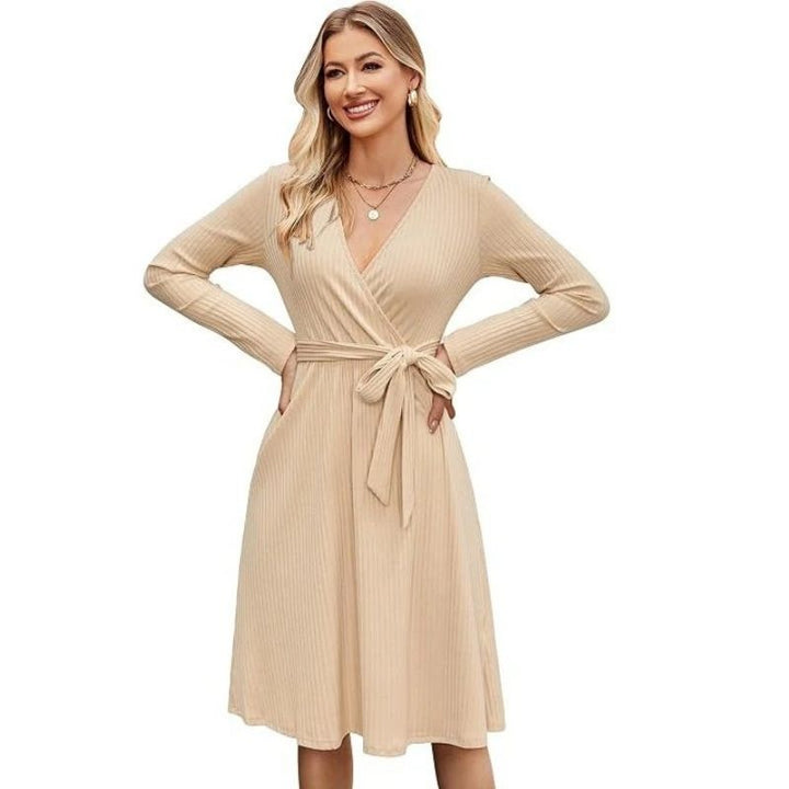 Samantha | Graceful Belted Wrap Ribbed Knit Winter Dress