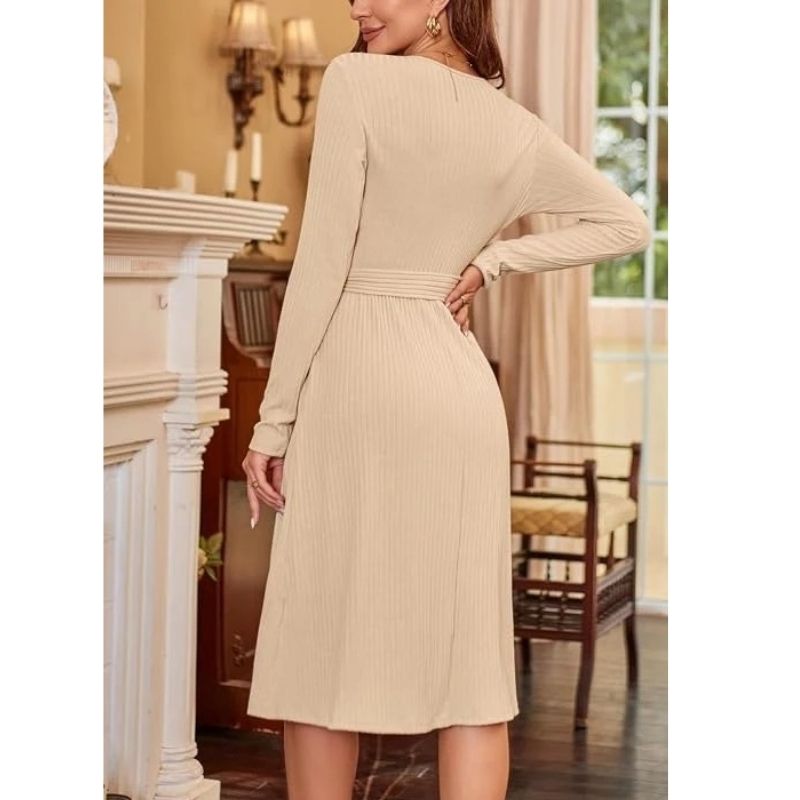 Samantha | Graceful Belted Wrap Ribbed Knit Winter Dress