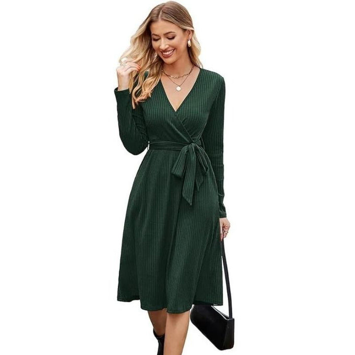 Samantha | Graceful Belted Wrap Ribbed Knit Winter Dress