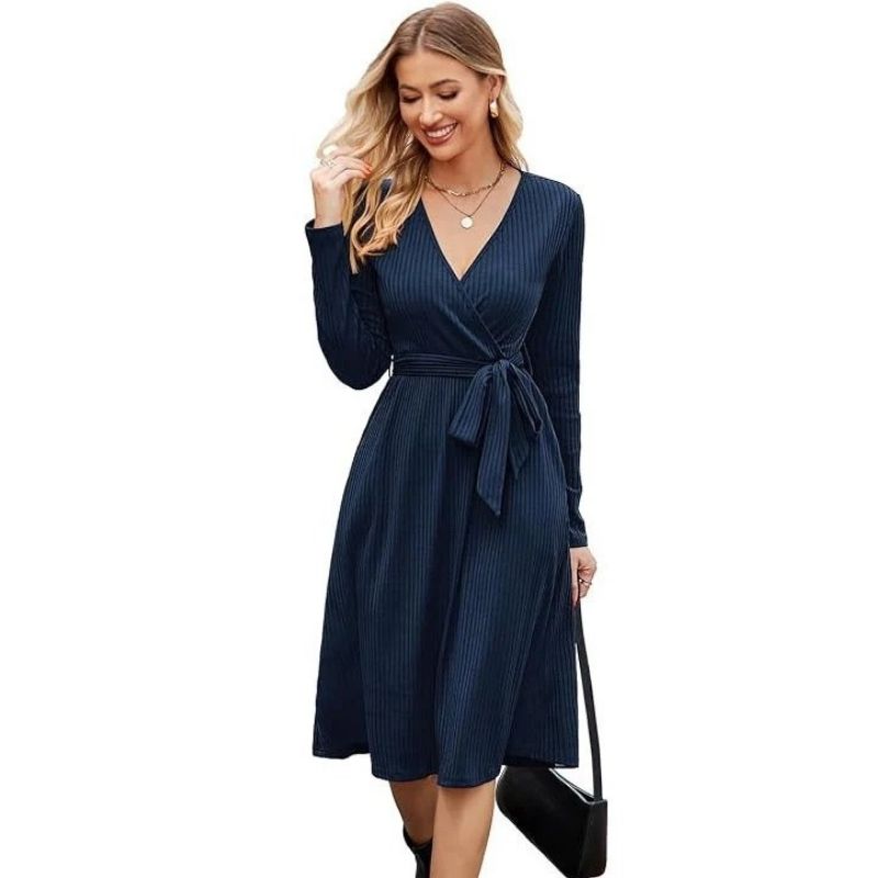 Samantha | Graceful Belted Wrap Ribbed Knit Winter Dress
